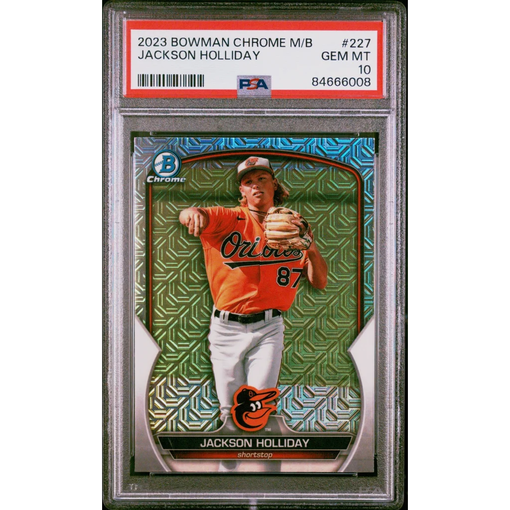 A graded 2023 Bowman Chrome Jackson Holliday rookie baseball card in PSA holder