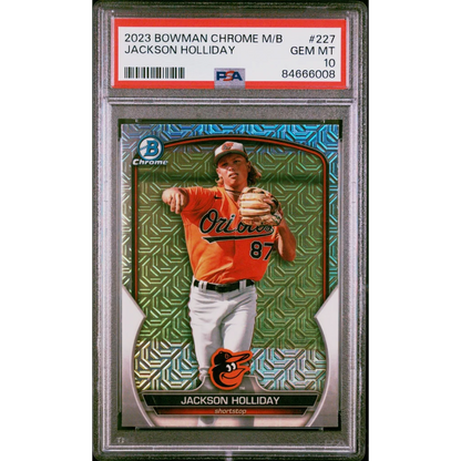 A graded 2023 Bowman Chrome Jackson Holliday rookie baseball card in PSA holder