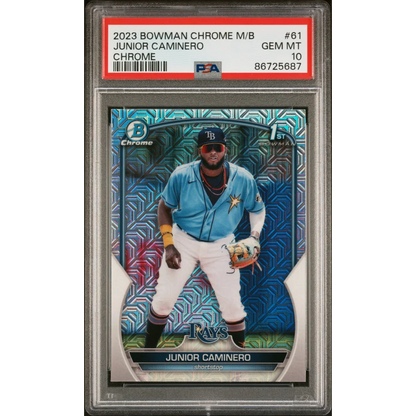 Graded 2023 Topps Bowman Chrome M/B Junior Caminero #61 Chrome Rookie RC Baseball Card PSA 10 Gem Mint | Hall of Fame Sports Memorabilia | vintageantiquesgifts.com