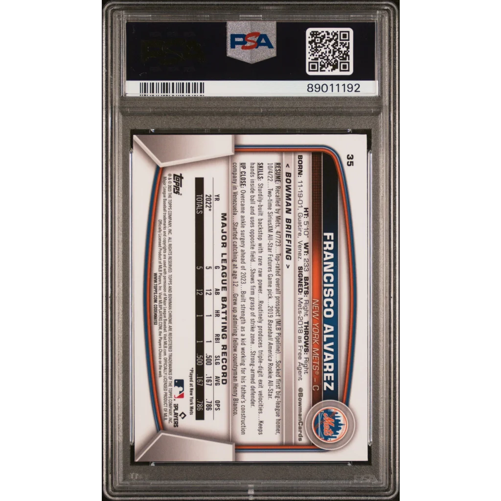 Graded 2023 Topps Bowman Chrome Sapphire Edition Francisco Alvarez #35 Rookie RC Baseball Card PSA 10 Gem Mint | PSA 10 Gem Mint Graded Rookie Card | vintageantiquesgifts.com