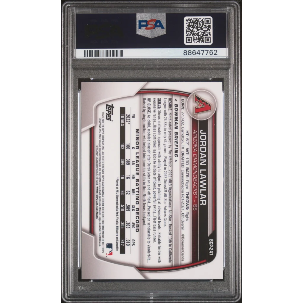 Graded 2023 Topps Bowman Chrome Sapphire Edition Jordan Lawler #247 Prospects Rookie RC Baseball Card PSA 10 Gem Mint | PSA 10 Gem Mint Graded Rookie Card | vintageantiquesgifts.com
