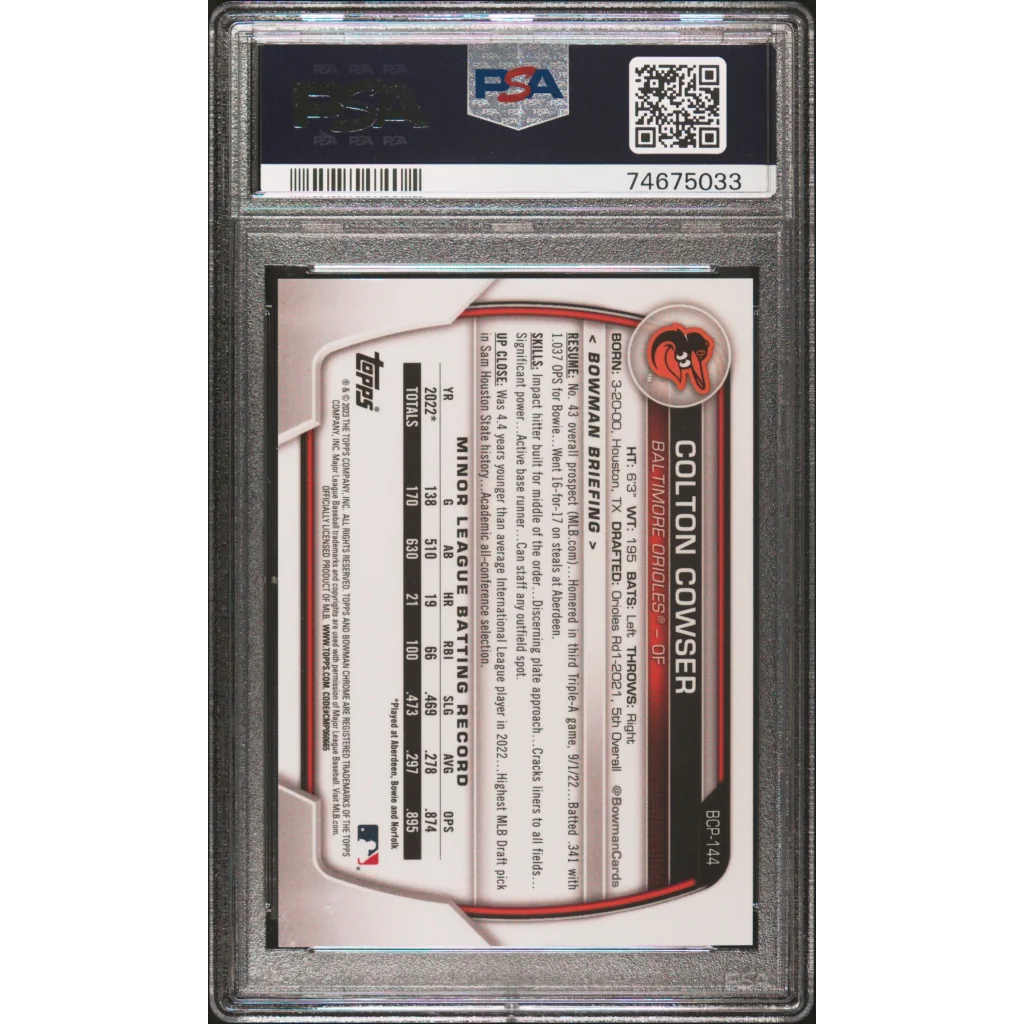 Graded 2023 Topps Bowman Colton Cowser #BCP144 Chrome Prospects Green Grass Refractor #/99 Rookie RC Baseball Card PSA 10 Gem Mint | PSA 10 Gem Mint Graded Rookie Card | vintageantiquesgifts.com