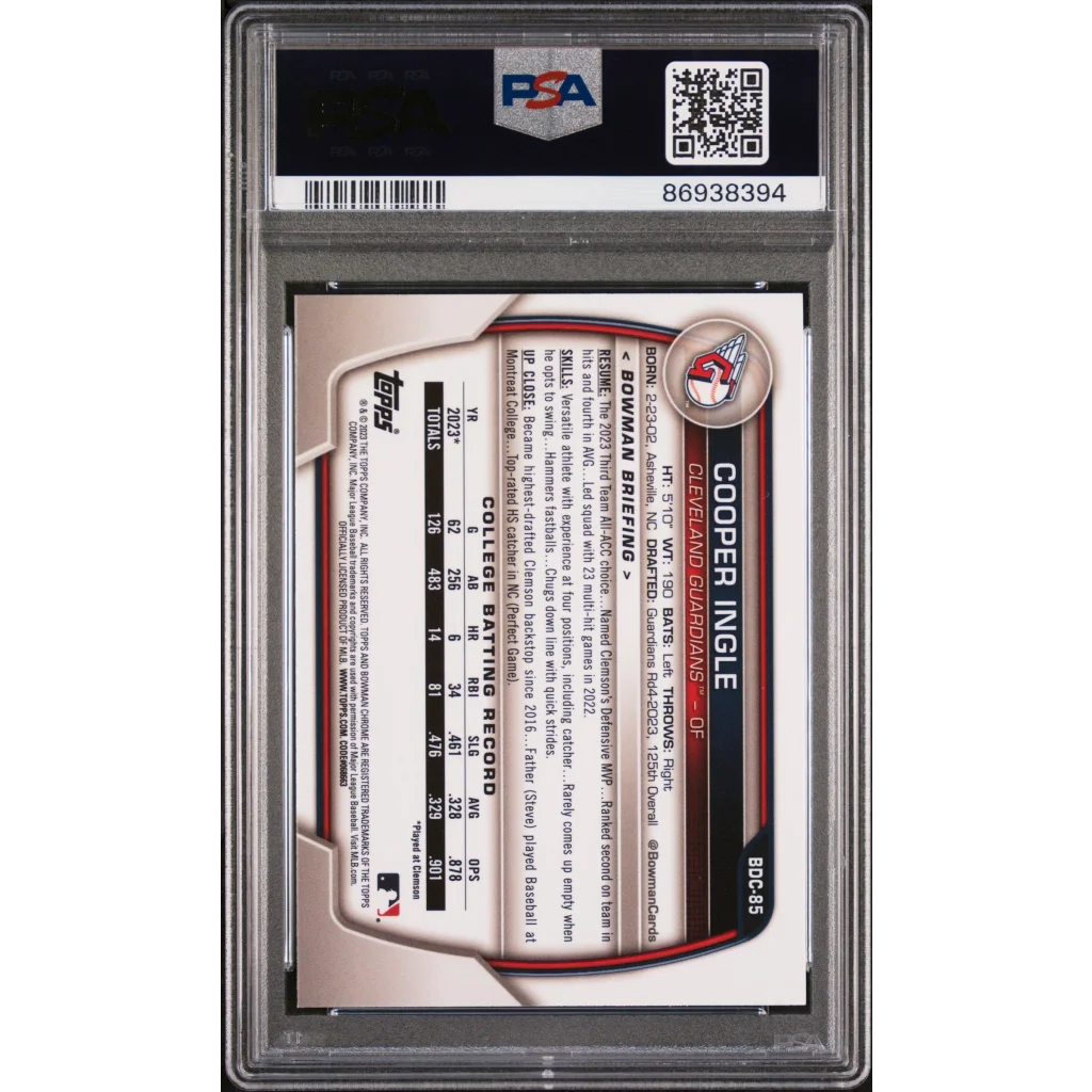 A graded PSA 10 Cooper Ingle 2023 Bowman Draft Chrome Sky Blue baseball card