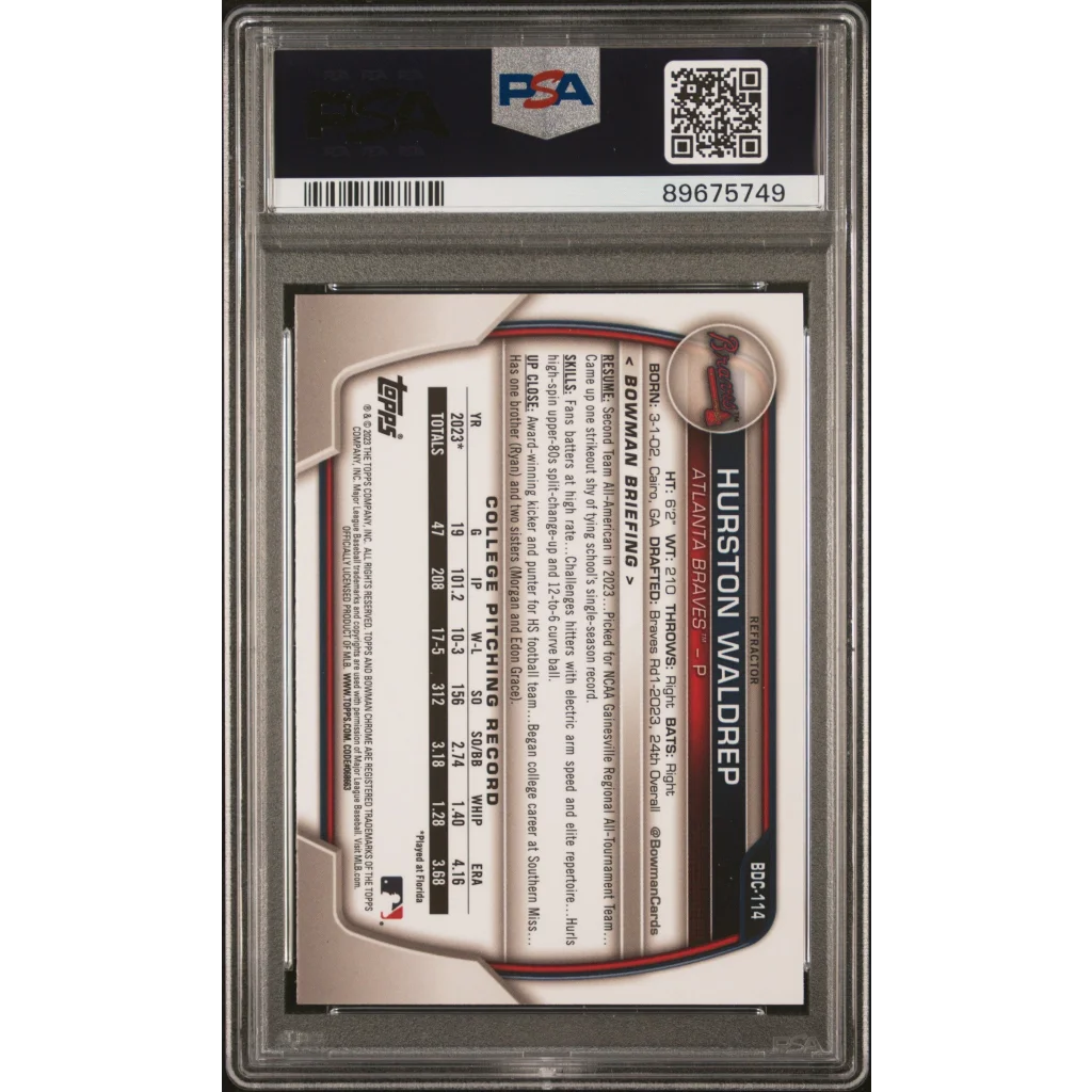 Graded 2023 Topps Bowman Draft Hurston Waldrep #BDC114 Chrome Refractor Rookie RC Baseball Card PSA 10 Gem Mint | PSA 10 Gem Mint Graded Rookie Card | vintageantiquesgifts.com