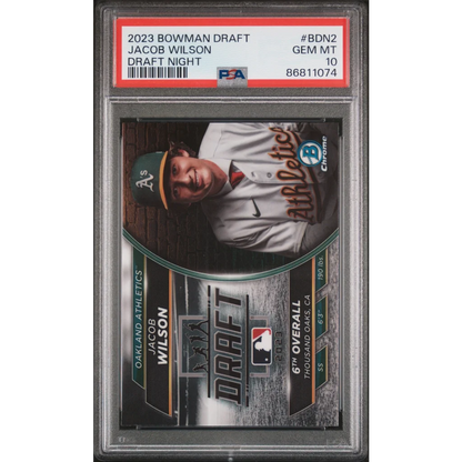 PSA graded Jacob Wilson 2023 Bowman Draft Night baseball card on display