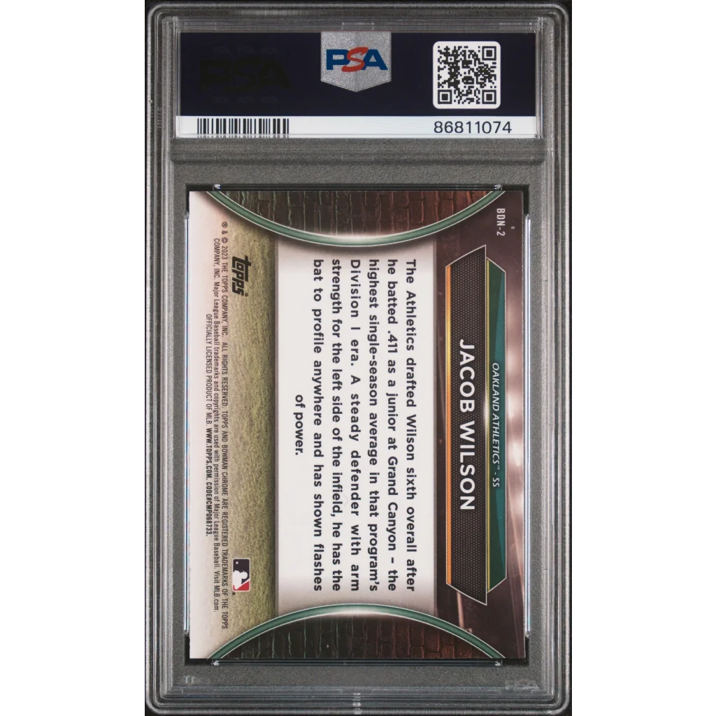 Graded Jacob Wilson 2023 Bowman Draft Night Baseball Card in PSA case