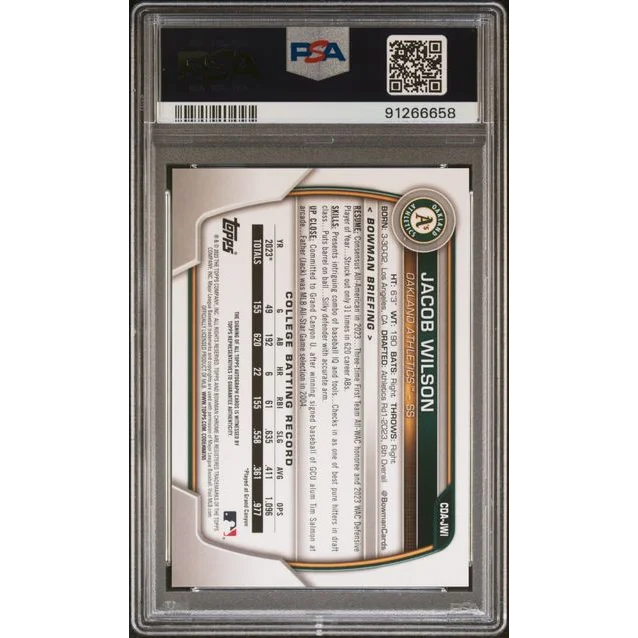 Graded 2023 Topps Bowman Draft Jacob Wilson #CDAJWI Chrome Prospects Auto Rookie RC Baseball Card PSA 10 Gem Mint | PSA 10 Gem Mint Graded Rookie Card | vintageantiquesgifts.com