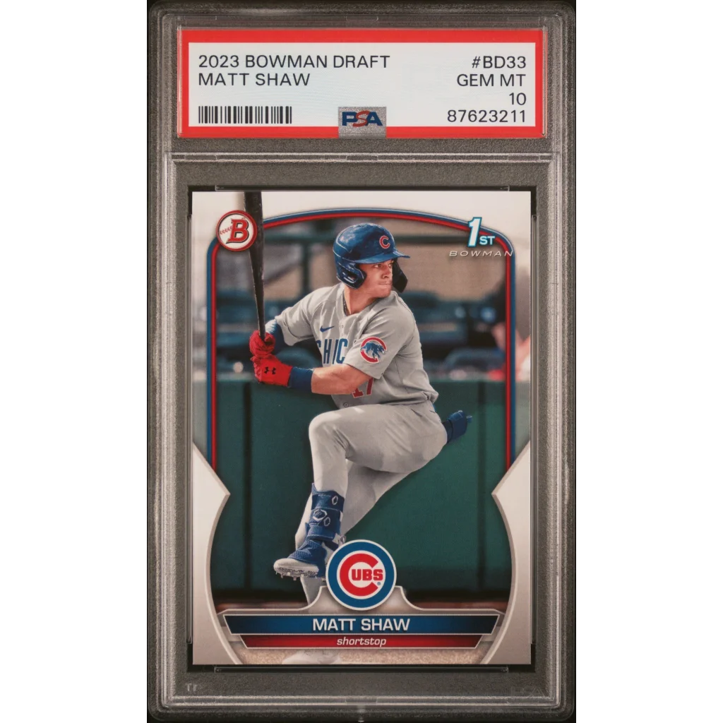 A graded 2023 Bowman Draft Matt Shaw baseball card in PSA holder