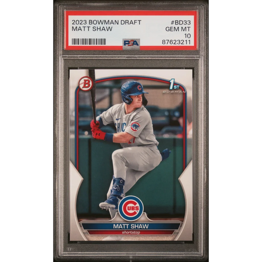 A graded 2023 Bowman Draft Matt Shaw baseball card in PSA holder