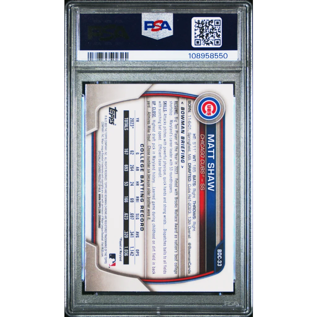 Graded 2023 Topps Bowman Draft Matt Shaw #BDC33 Chrome Rookie RC Baseball Card PSA 10 Gem Mint | PSA 10 Gem Mint Graded Rookie Card | vintageantiquesgifts.com