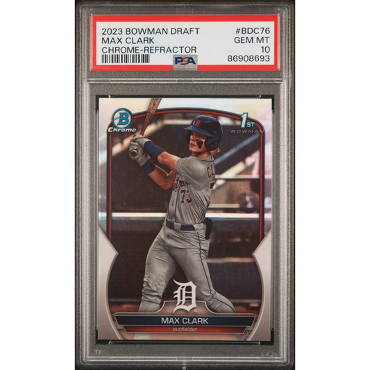 Max Clark 2023 Bowman Draft Chrome Refractor baseball card graded PSA GEM MT 10