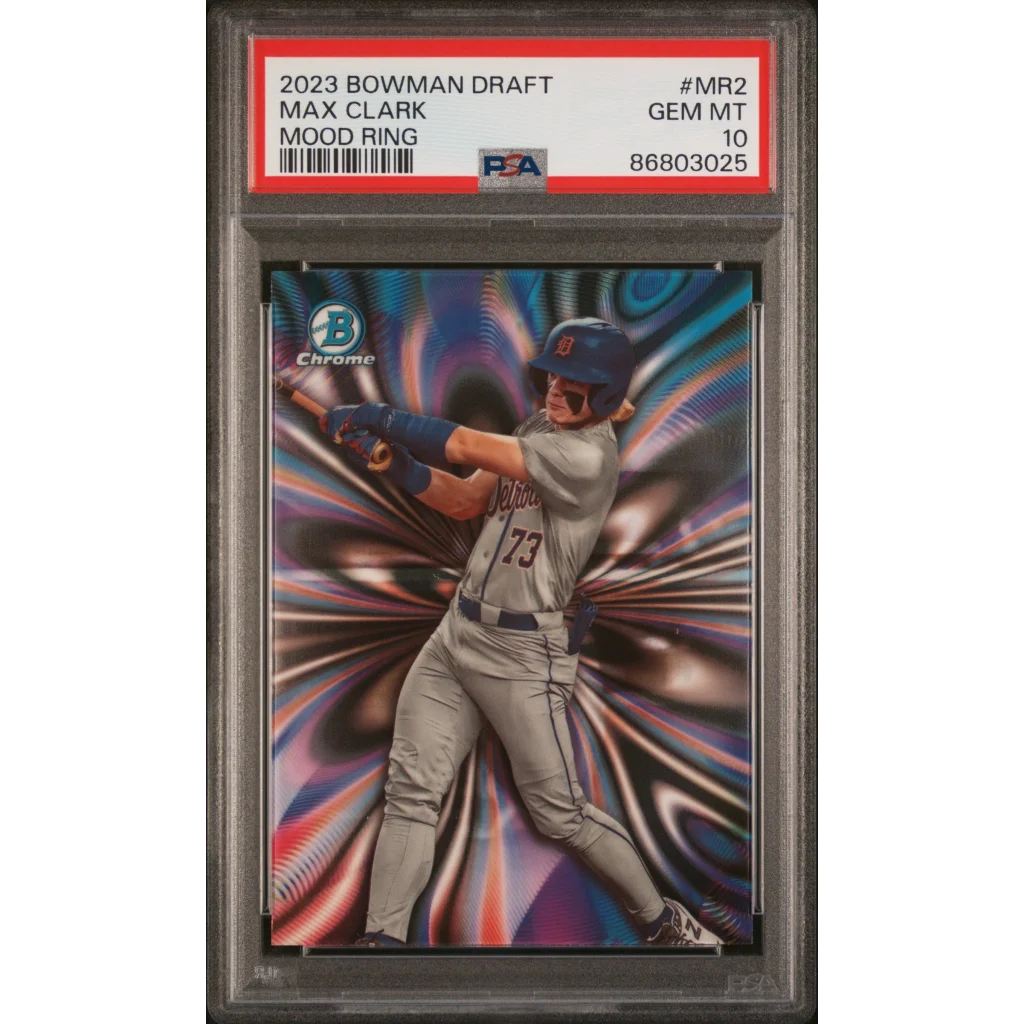 A graded 2023 Bowman Draft Max Clark Mood Ring Baseball Card in PSA holder