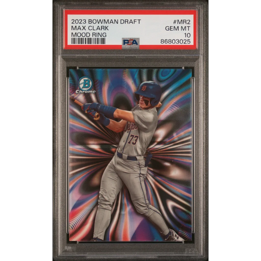 A graded 2023 Bowman Draft Max Clark Mood Ring Baseball Card in PSA holder