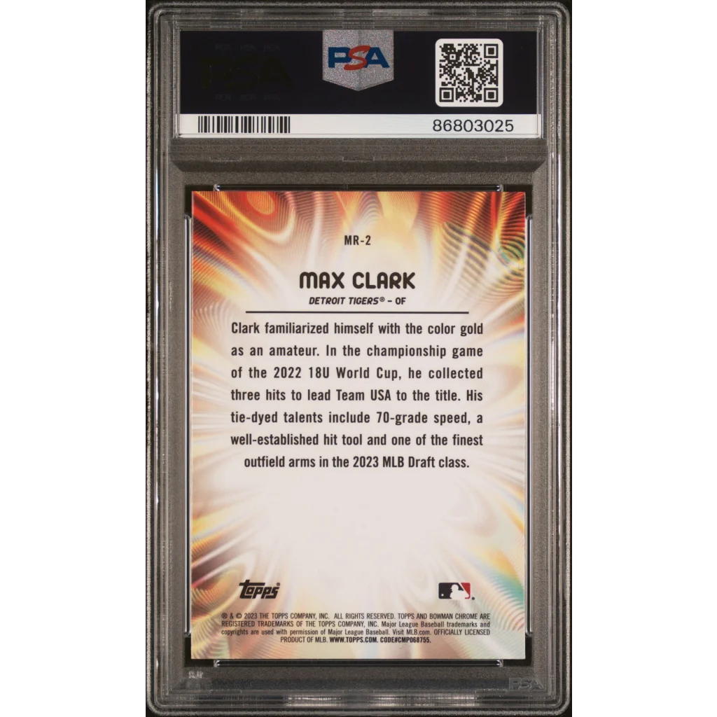 Graded Max Clark 2023 Bowman Draft Mood Ring Baseball Card in PSA case