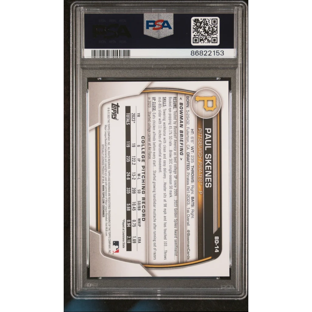 Graded 2023 Topps Bowman Draft Paul Skenes #BD14 Rookie RC Baseball Card PSA 10 Gem Mint | PSA 10 Gem Mint Graded Rookie Card | vintageantiquesgifts.com
