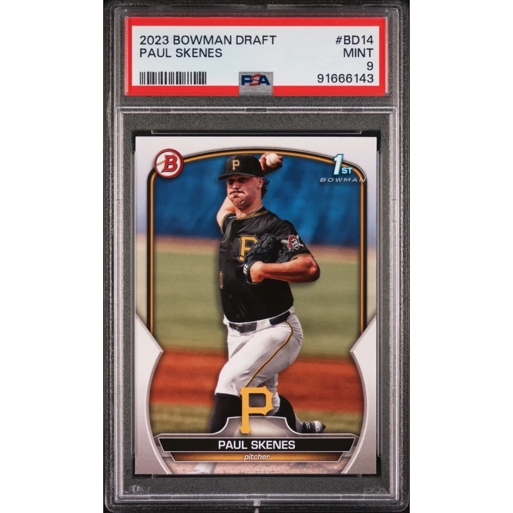 paul skenes graded rookie card 2023 Topps Bowman Draft #BD14 RC Baseball PSA 9 Mint Deck:Freezing Chains (1st Edition) ⏰ FINAL CALL – 4P_strap