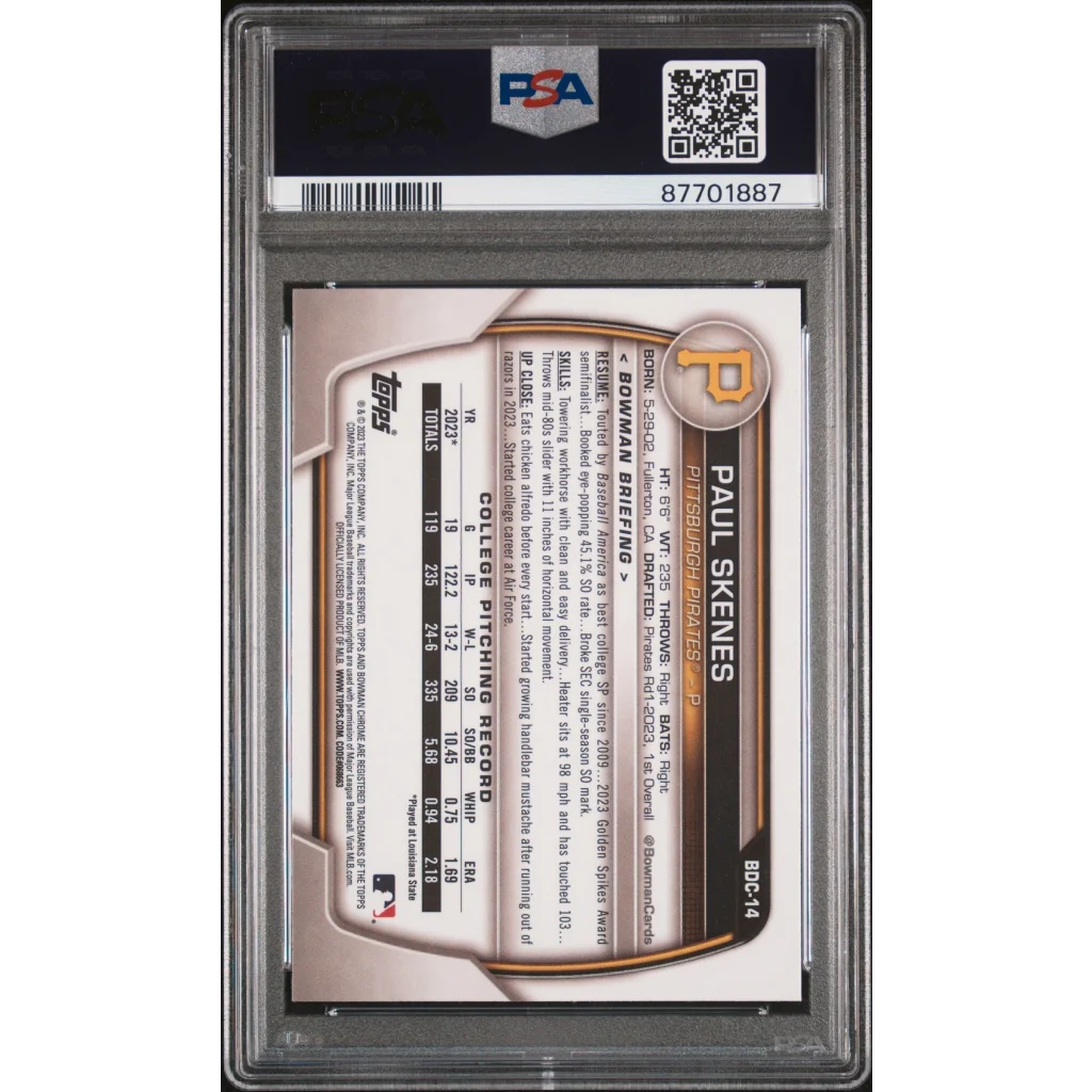 Graded PSA 10 Paul Skenes 2023 Bowman Draft Chrome Rookie Card on display
