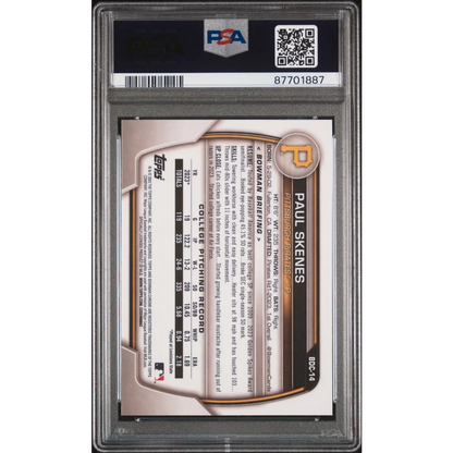 Graded PSA 10 Paul Skenes 2023 Bowman Draft Chrome Rookie Card on display