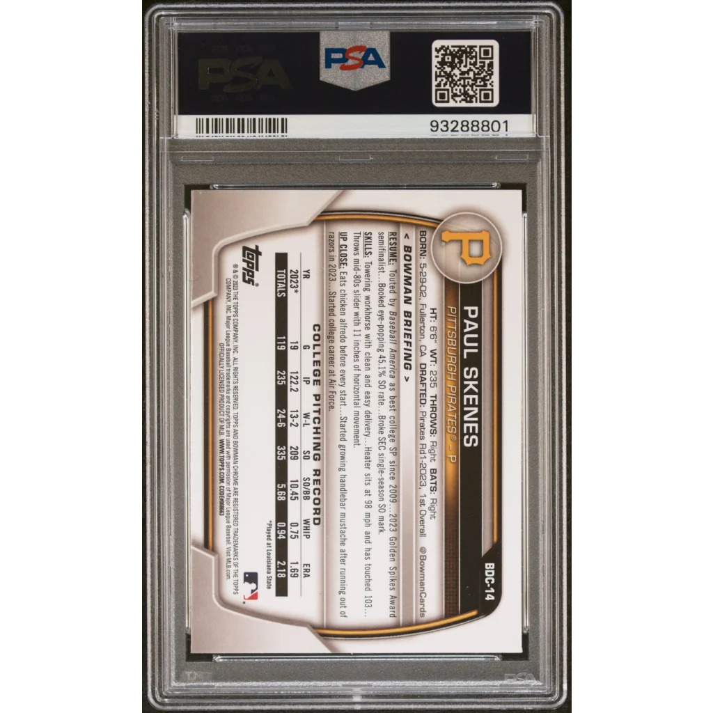 Graded 2023 Topps Bowman Draft Paul Skenes #BDC14 Chrome Rookie RC Baseball Card PSA 9 Mint | PSA 9 Mint Graded Rookie Card | vintageantiquesgifts.com