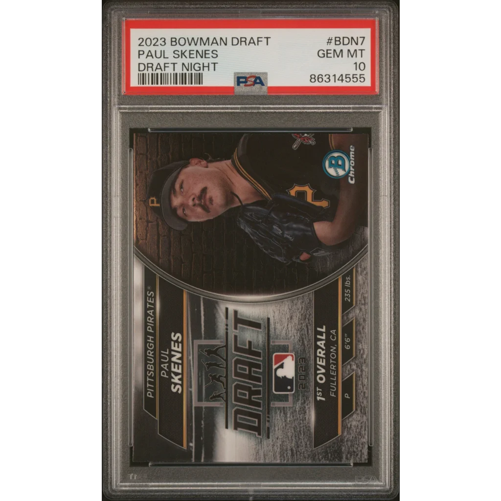 A graded 2023 Bowman Draft Paul Skenes rookie baseball card in PSA holder