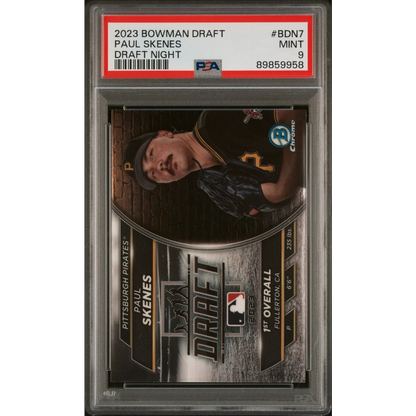 PSA Graded 2023 Bowman Draft Paul Skenes Rookie Card baseball card on display