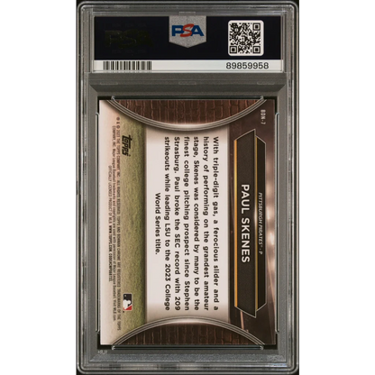 A graded PSA 2023 Bowman Draft Paul Skenes rookie baseball card on display
