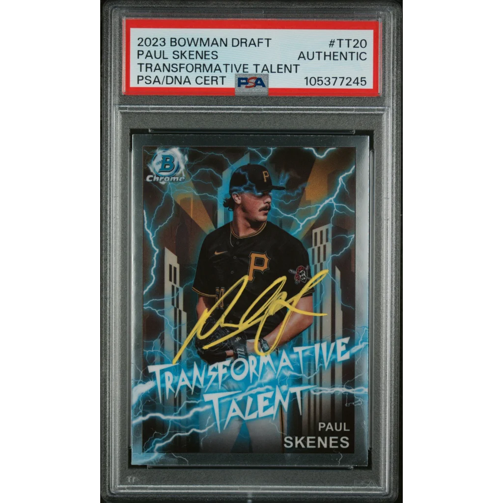 Paul Skenes baseball card in slab with gold autograph and lightning bolt design