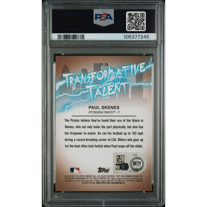 Graded Paul Skenes baseball card with gold auto on PSA Transformative Talent Lightning Card