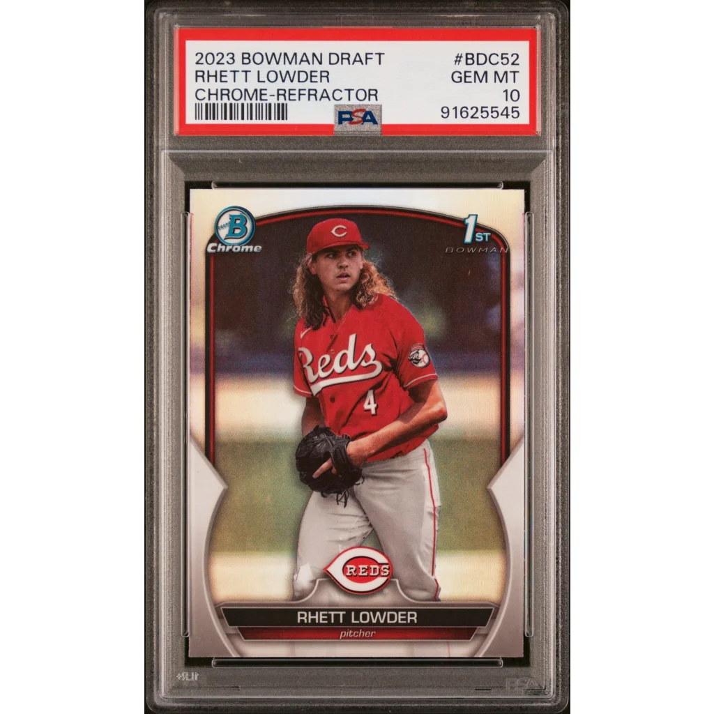 A graded 2023 Bowman Draft Rhett Lowder Chrome Refractor baseball card PSA GEM MT 10