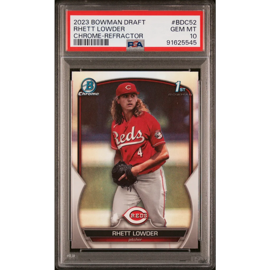 A graded 2023 Bowman Draft Rhett Lowder Chrome Refractor baseball card PSA GEM MT 10