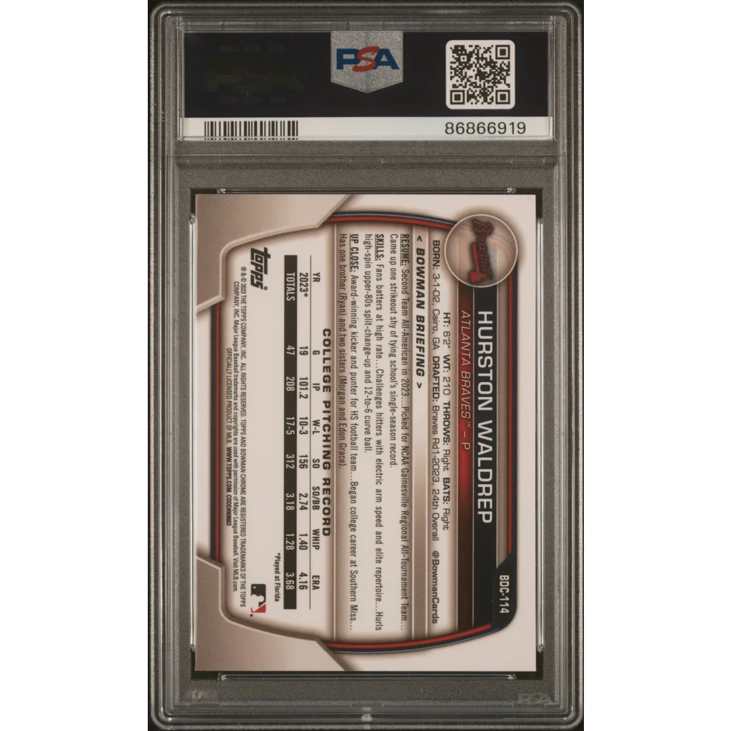 Graded 2023 Topps Bowman Draft Sapphire Hurston Waldrep #BDC114 Rookie RC Baseball Card PSA 10 Gem Mint | PSA 10 Gem Mint Graded Rookie Card | vintageantiquesgifts.com