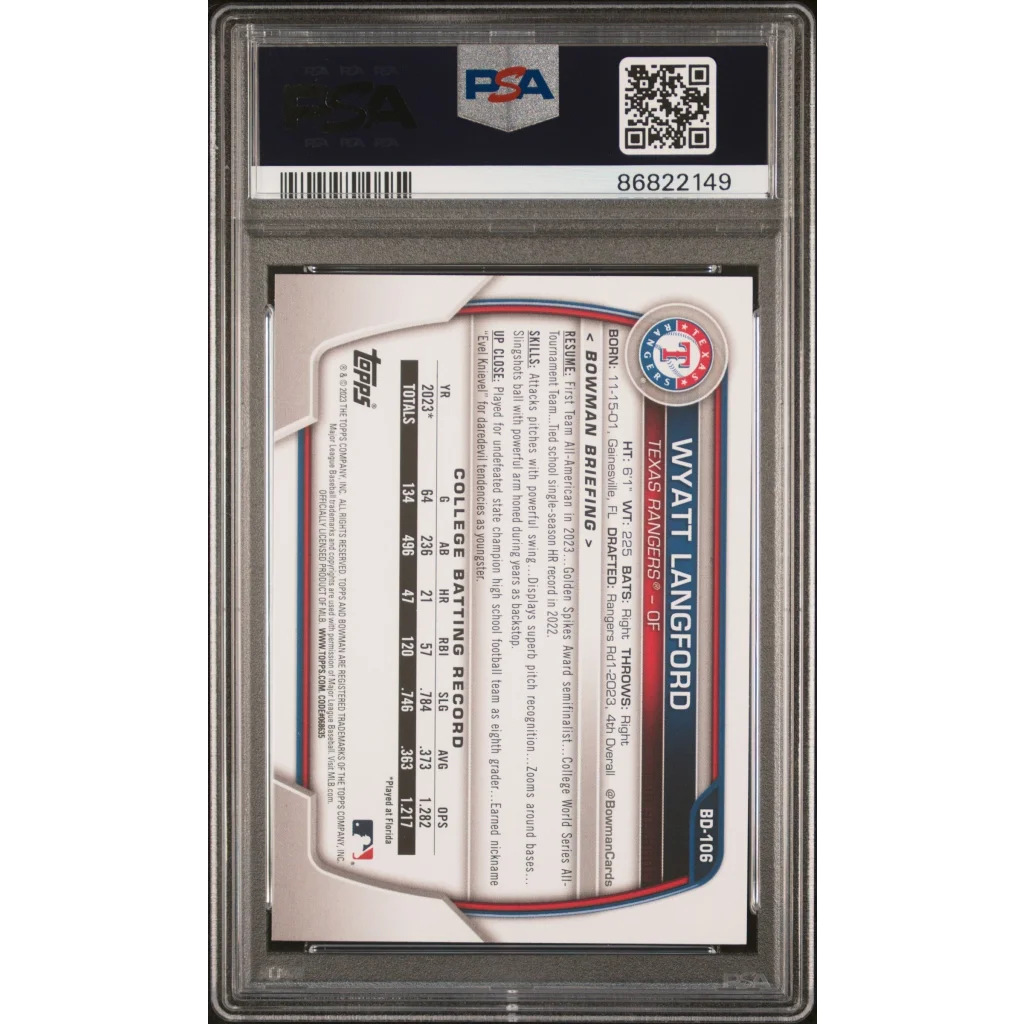 Graded PSA 10 Wyatt Langford 2023 Bowman Draft Rookie Card GEM MINT on display