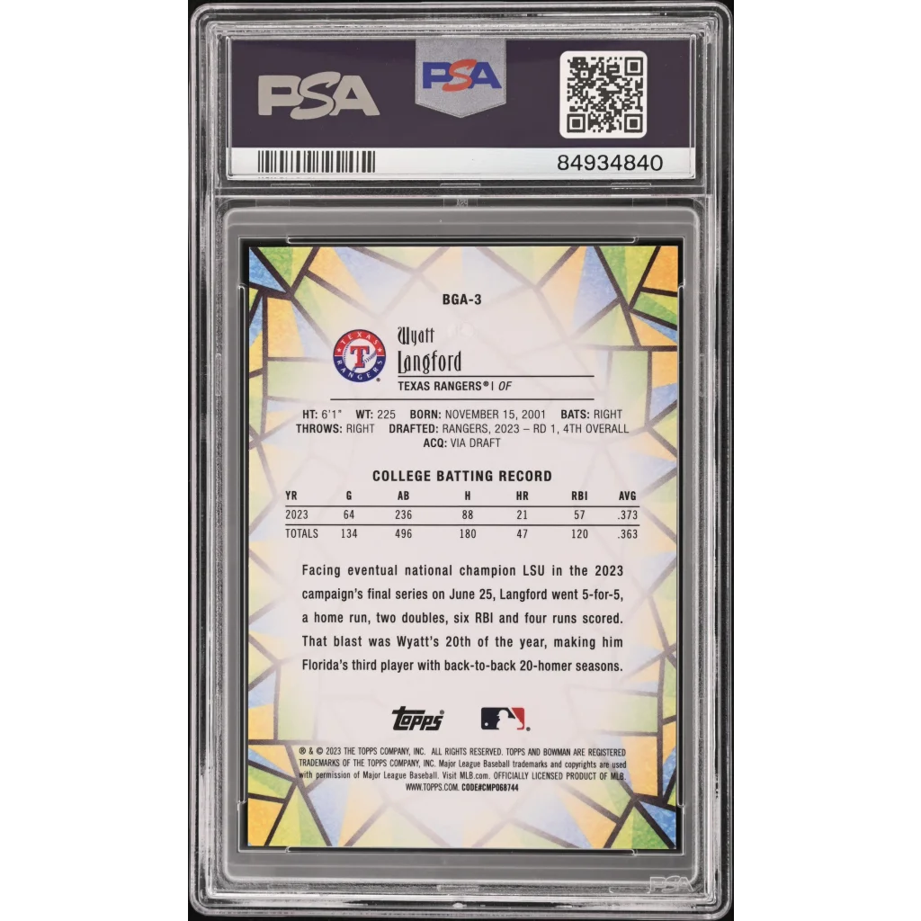 Graded PSA 10 Wyatt Langford 2023 Bowman Draft Glass Rookie Card on display