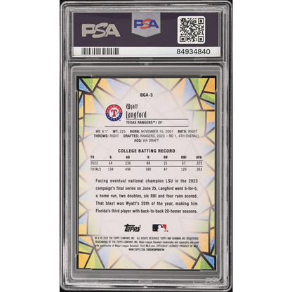 Graded PSA 10 Wyatt Langford 2023 Bowman Draft Glass Rookie Card on display