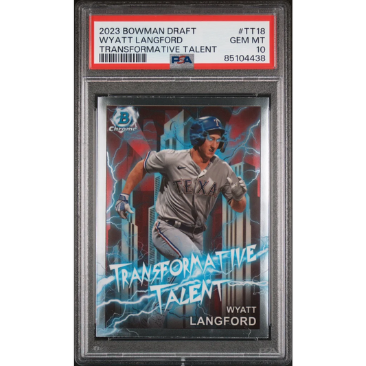 PSA graded Wyatt Langford baseball card in protective slab showcasing quality and condition