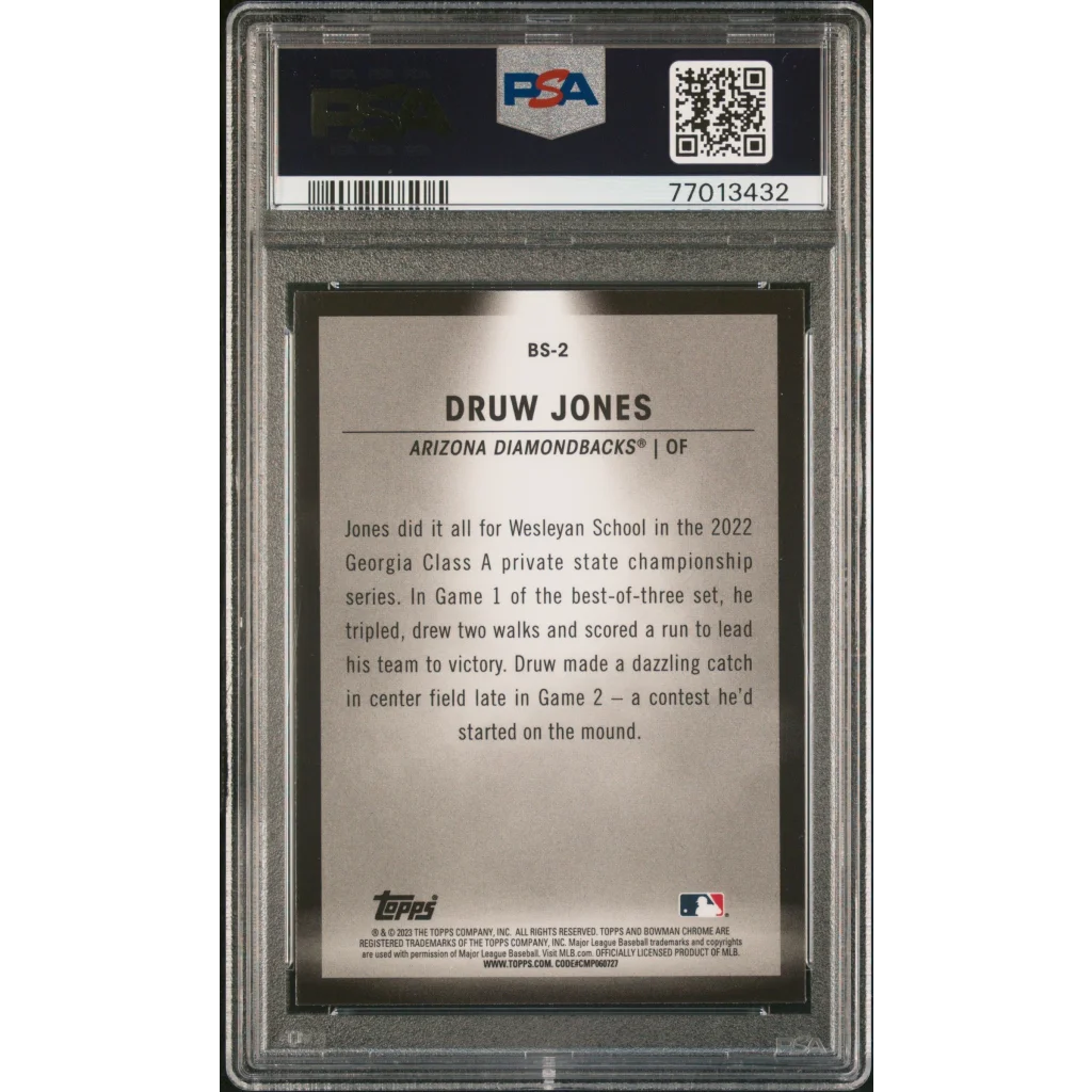 Baseball card of Druw Jones in a PSA graded slab by Professional Sports Authenticator