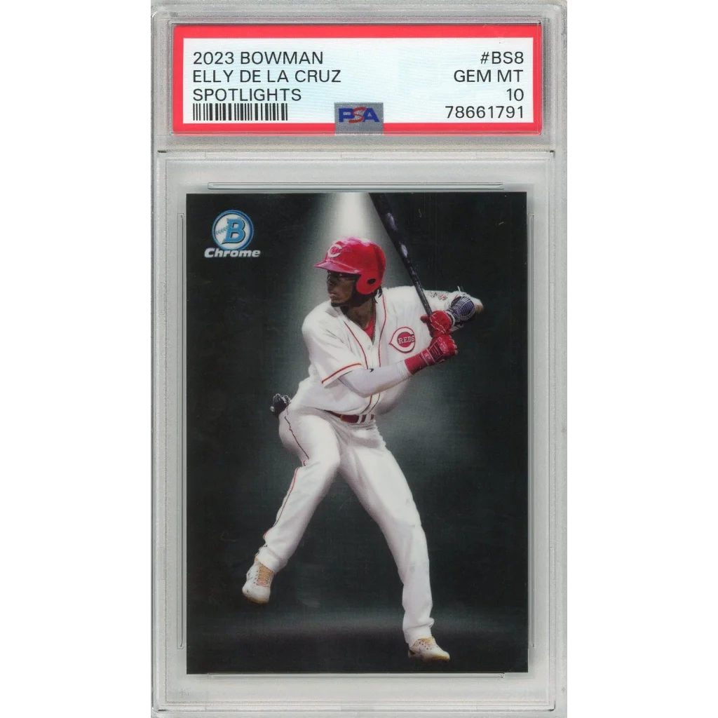 A graded 2023 Bowman Elly De La Cruz Spotlights baseball card in PSA holder