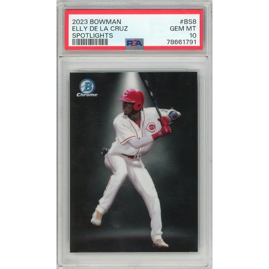 A graded 2023 Bowman Elly De La Cruz Spotlights baseball card in PSA holder
