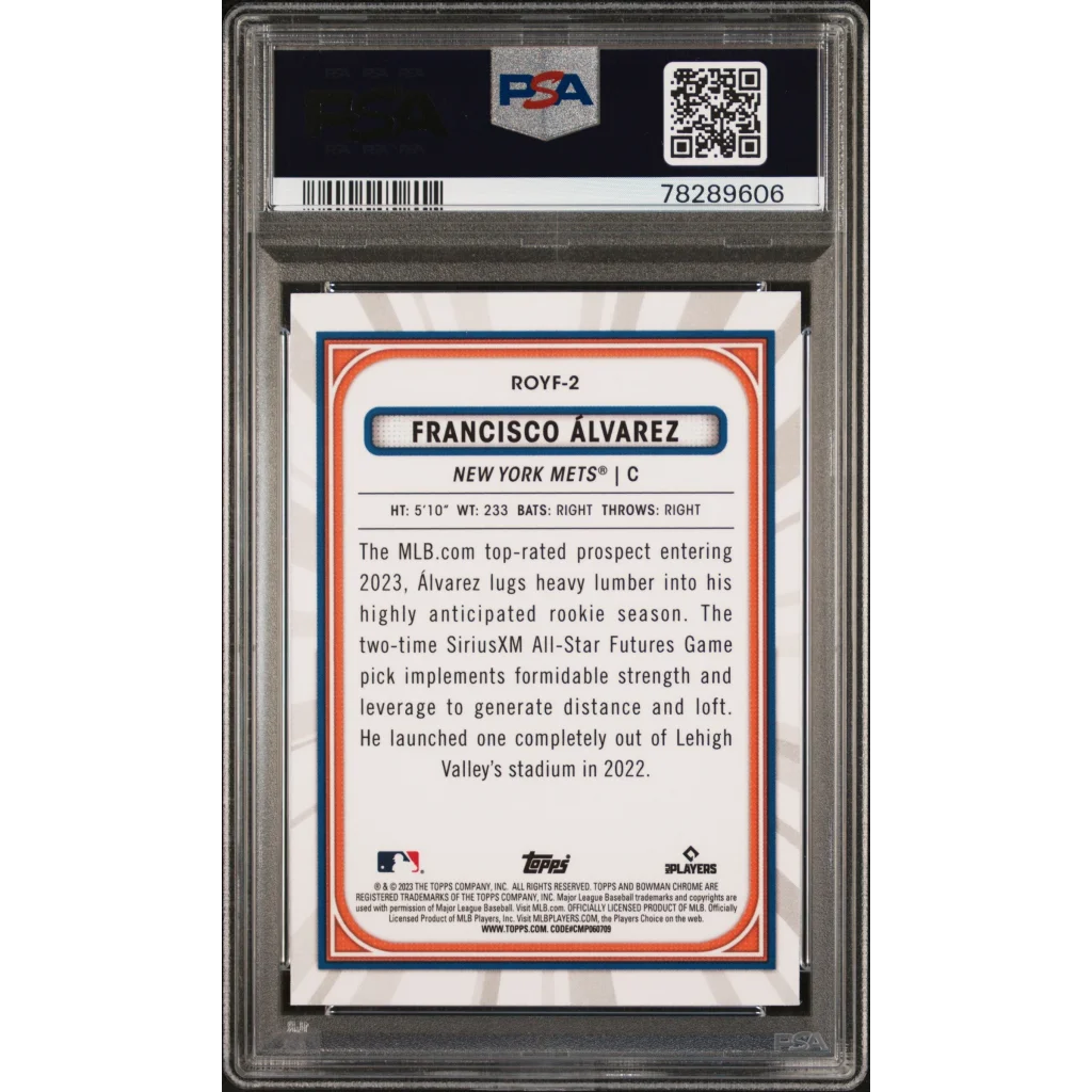 Graded rookie baseball card of Francisco Álvarez from 2023 Bowman in PSA holder