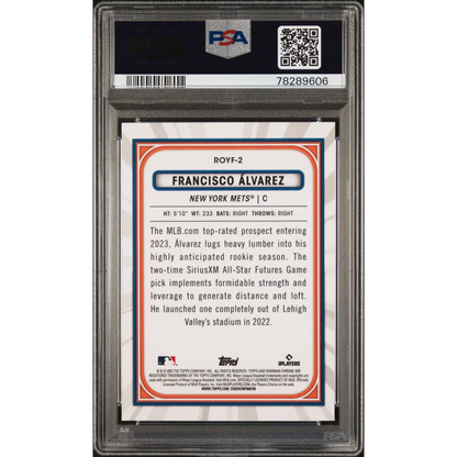 Graded rookie baseball card of Francisco Álvarez from 2023 Bowman in PSA holder