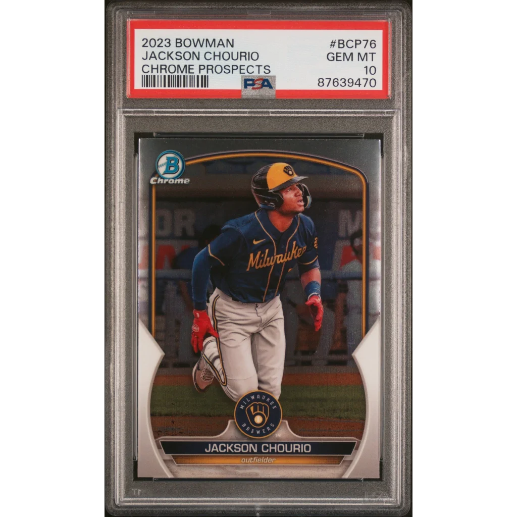 PSA graded 2023 Bowman Jackson Chourio Chrome Prospects baseball card on display