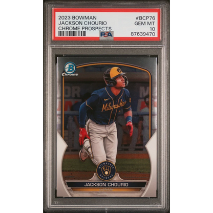 PSA graded 2023 Bowman Jackson Chourio Chrome Prospects baseball card on display