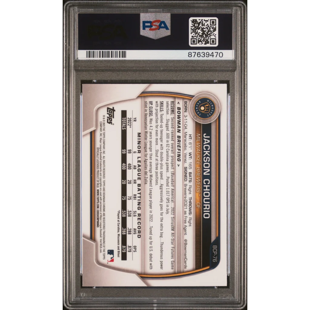 Encased PSA graded 2023 Bowman Jackson Chourio Chrome Prospects Card in display case