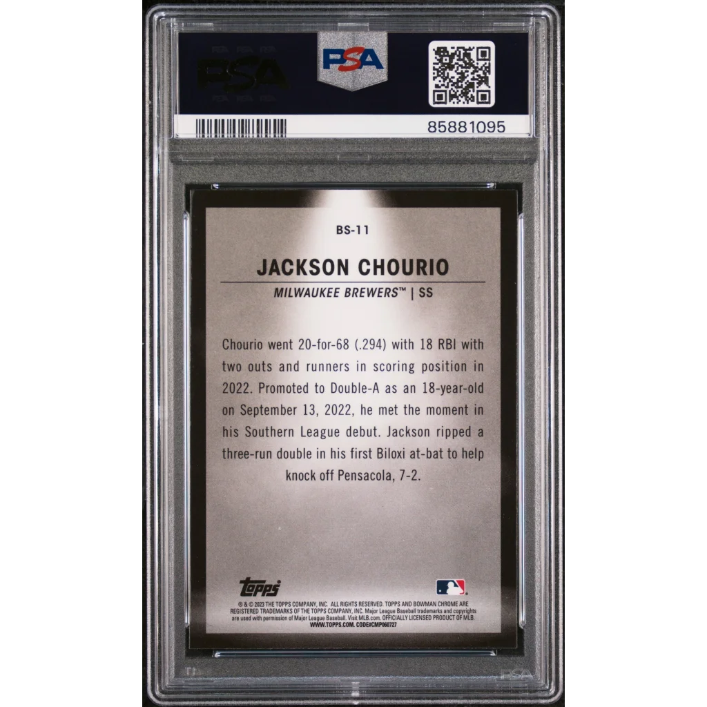 PSA Graded 2023 Bowman Jackson Chourio Baseball Card on display