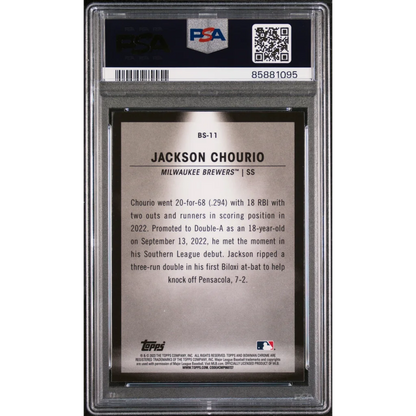 PSA Graded 2023 Bowman Jackson Chourio Baseball Card on display