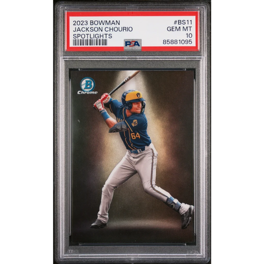 PSA Graded 2023 Bowman Jackson Chourio Spotlights Baseball Card showing front view