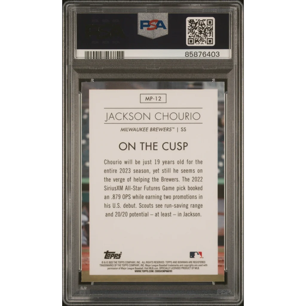 Graded 2023 Topps Bowman Jackson Chourio #MP12 Modern Prospects Rookie RC Baseball Card PSA 10 Gem Mint | PSA 10 Gem Mint Graded Rookie Card | vintageantiquesgifts.com