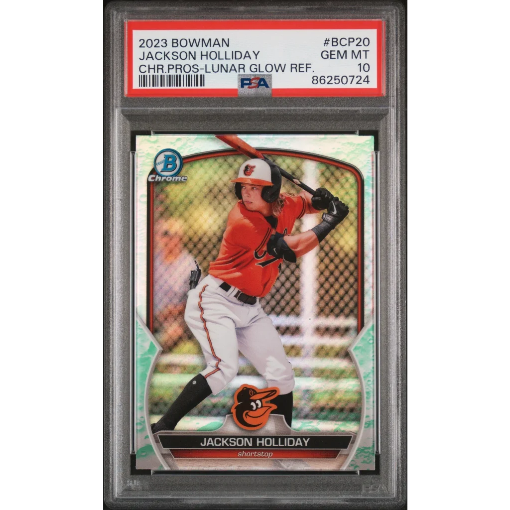 Graded 2023 Topps Bowman Jackson Holliday #BCP20 Chrome Prospects Lunar Glow Refractor Rookie RC Baseball Card PSA 10 Gem Mint | Hall of Fame Sports Memorabilia | vintageantiquesgifts.com