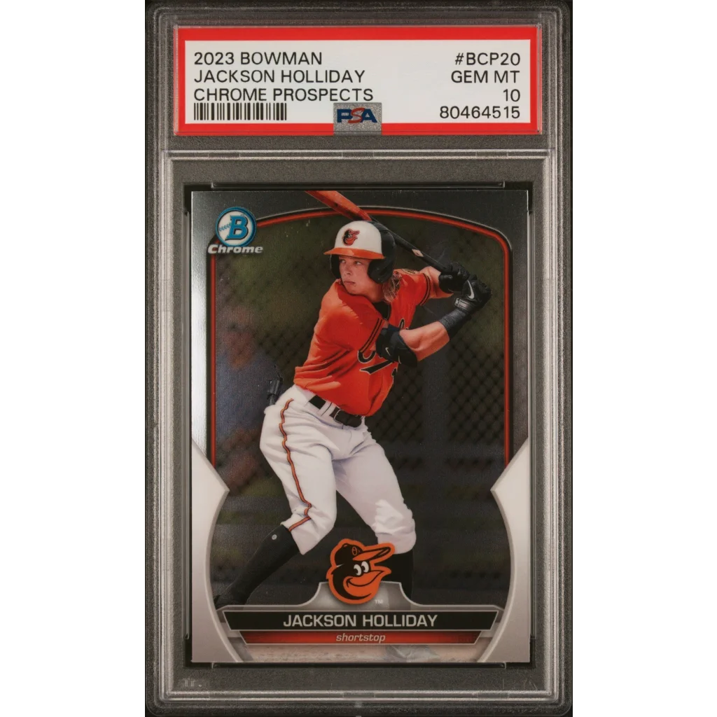 PSA graded Jackson Holliday 2023 Bowman Chrome Prospect card for baseball collectors