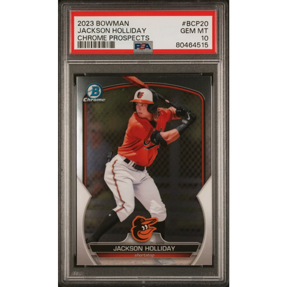 PSA graded Jackson Holliday 2023 Bowman Chrome Prospect card for baseball collectors
